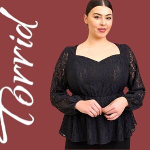 Torrid New Plus Size Black Peplum Lace Puff Sleeve Top.